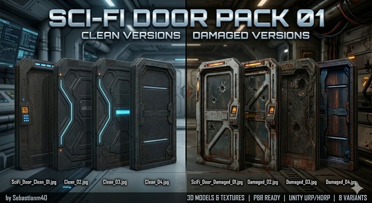 Paczka tekstur PBR "Sci-Fi Door Pack 01" (wydana komercyjnie, itch.io/Fab) — grafika promocyjna