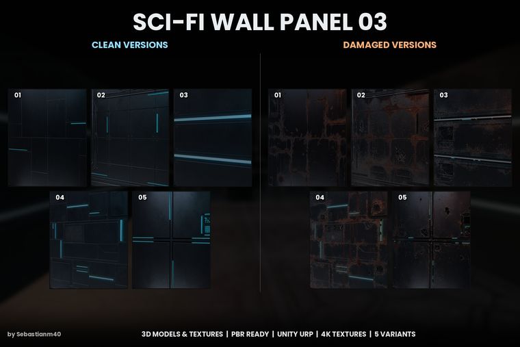 Paczka tekstur PBR "Sci-Fi Wall Panel 03" — warianty czyste/uszkodzone